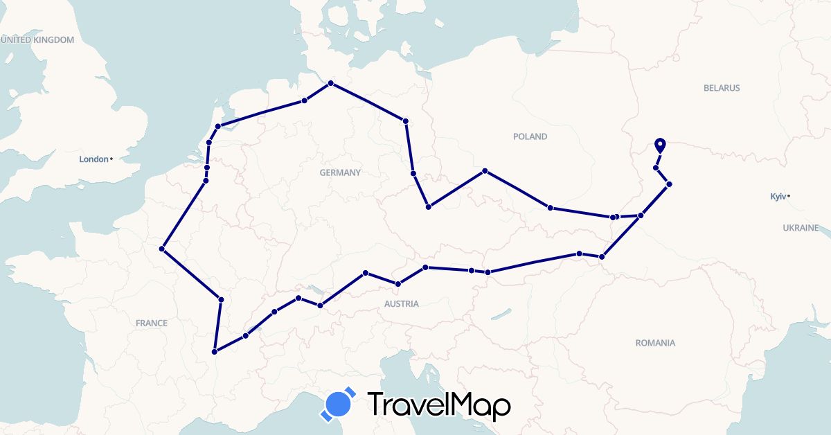 TravelMap itinerary: driving in Austria, Belgium, Switzerland, Czech Republic, Germany, France, Liechtenstein, Netherlands, Poland, Slovakia, Ukraine (Europe)